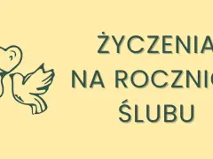 Dwa gołąbki z sercem nad głową symbolizują miłość. Napis "Życzenia na rocznicę ślubu" zaprasza do stworzenia oryginalnych życzeń.