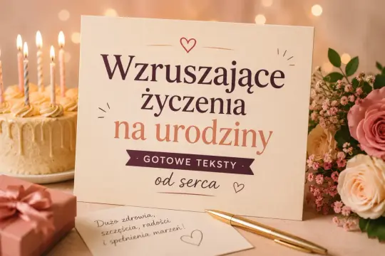 Wzruszające życzenia na urodziny, gotowe teksty od serca. Tort, prezent i kwiaty tworzą ciepłą atmosferę.