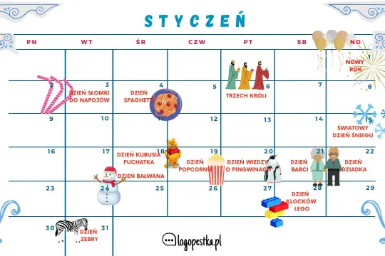 Styczniowy kalendarz świąt nietypowych: Dzień Słomki, Trzech Króli, Kubusia Puchatka, Śniegu, Pingwinów, Babci, Dziadka, Klocków Lego i innych.