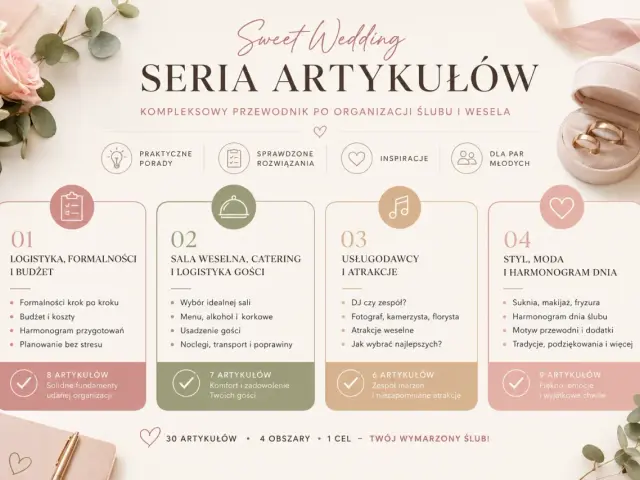 Przewodnik po organizacji ślubu kościelnego: logistyka, sala, atrakcje, styl. Wszystko, by Twój wymarzony ślub był idealny.